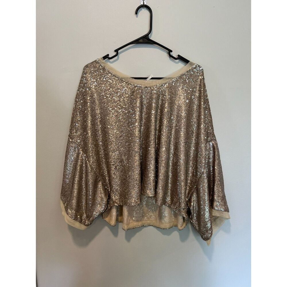 Free People Gold Sequin Champagne Dreams Oversized Dolman Sleeve Top Size Large